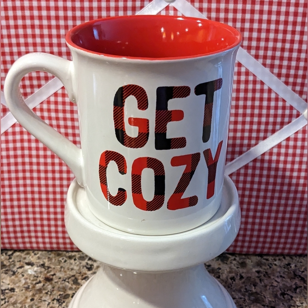 Christmas Winter Mug Cup Cozy Buffalo Plaid Red Black Glazed Ceramic Hot Cocoa